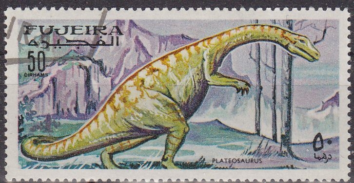 FUJEIRA 1968 Michel 259 Sello Animales Prehistoricos Plateosaurus Correo Aereo con matasellos de favor preobliterado 